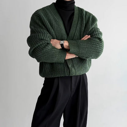 Mens Loose-Fit Versatile Artistic V-Neck Sweater