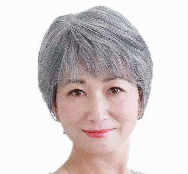 Women's Flower White Short Straight Top Old Flower White Mixed Human Hair Wigs