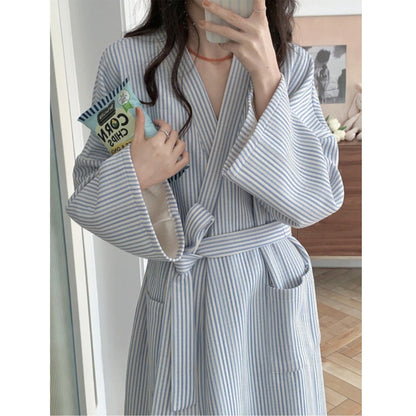 Women's Simple Striped Robe Bathrobe Loungewear