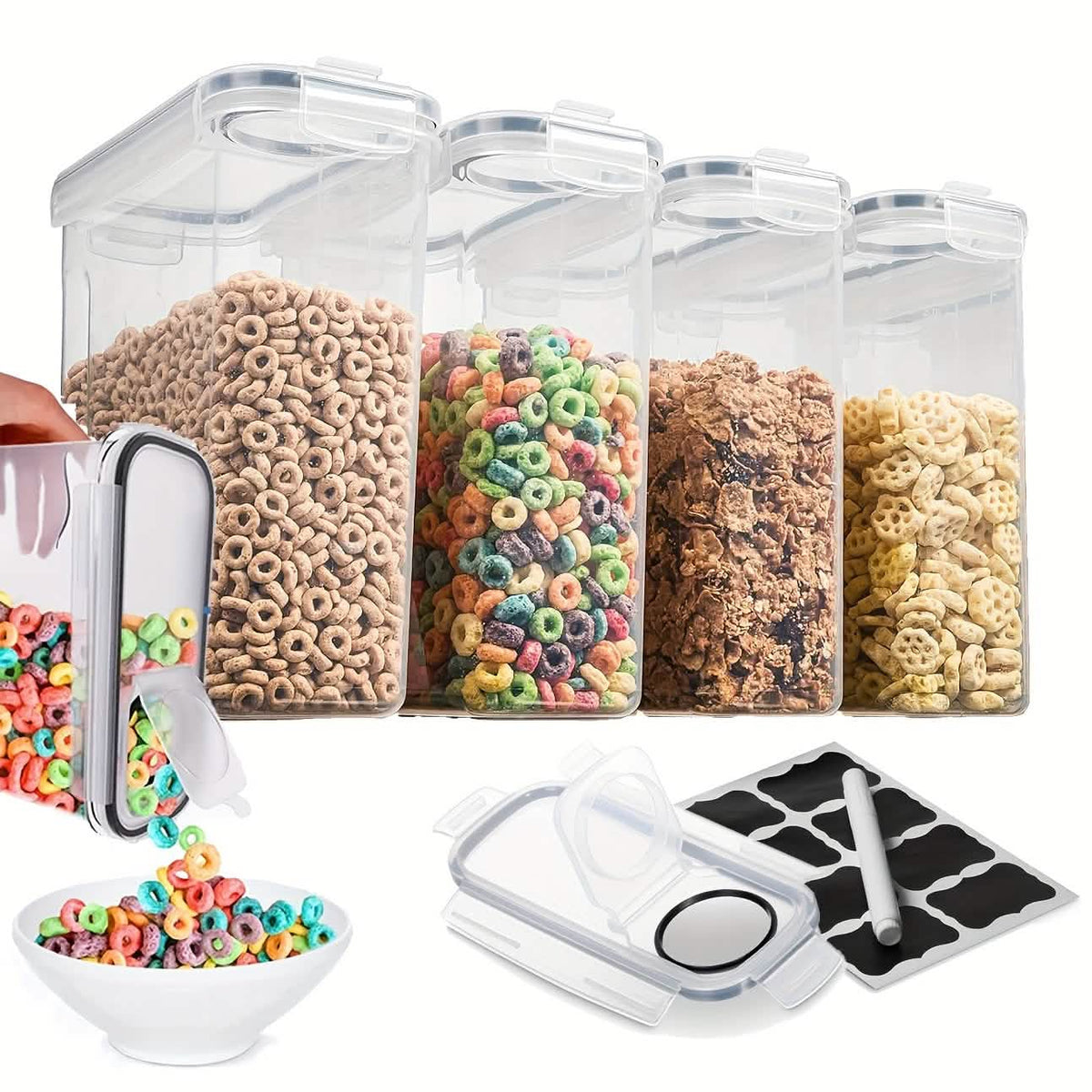 4-Piece Set: Airtight Cereal Storage Containers with Pour Spouts & Measuring Cup – 4L Kitchen Pantry Organizer