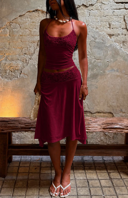 Womens Casual Sleeveless Lace-panel Top And Skirt Set