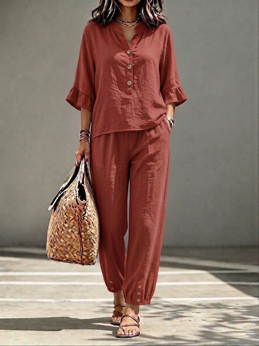 Three-quarter-sleeve Top And Cropped Pants Two-piece Set