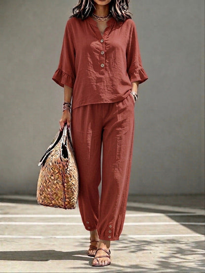 Three-quarter-sleeve Top And Cropped Pants Two-piece Set