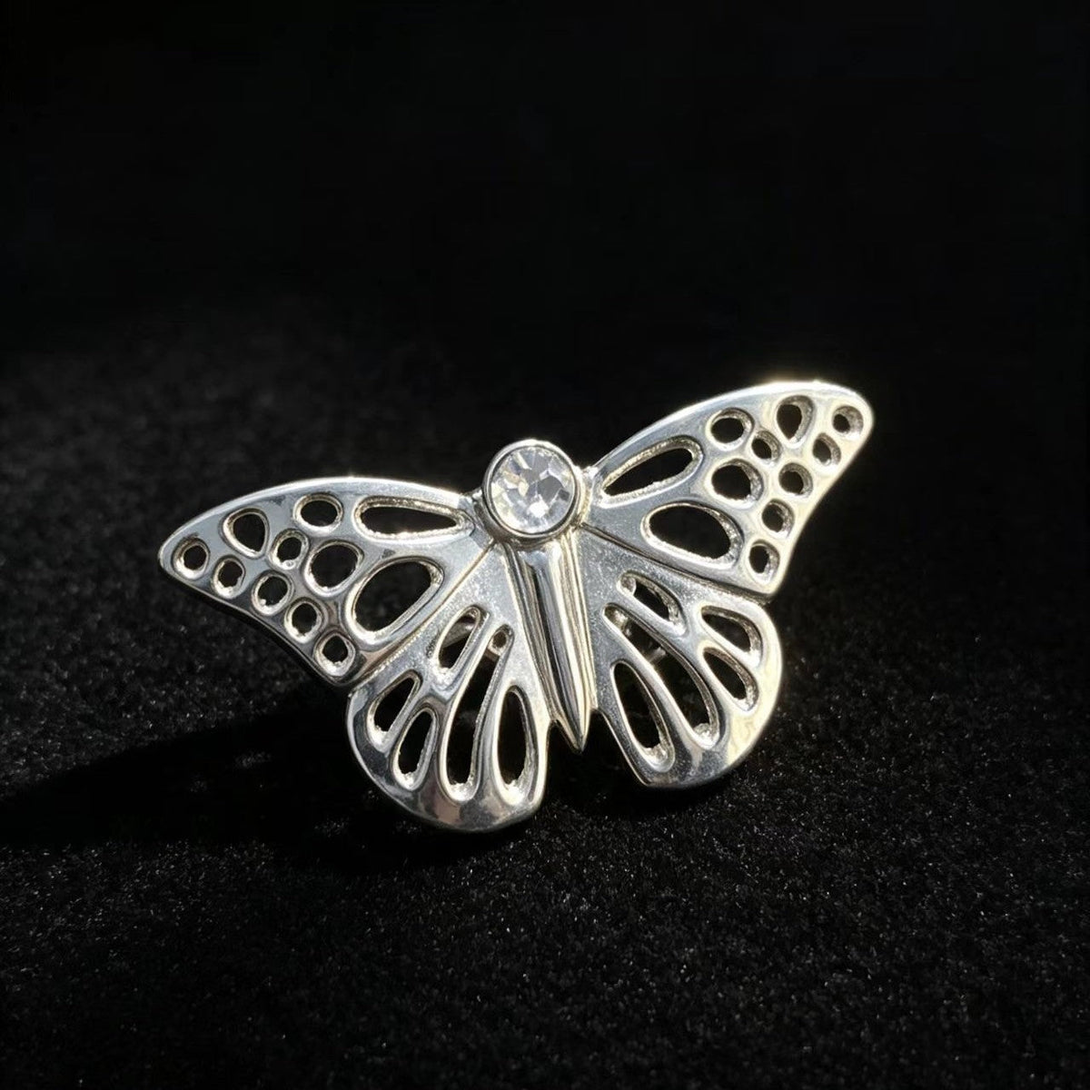 Silver Butterfly Brooch Hollowed-Out Zircon Pin