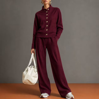 Stand-collar Cardigan And Wide-leg Pants Set