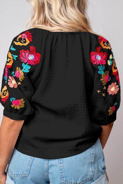 Floral Embroidered Notched Puff Sleeve Blouse for Women