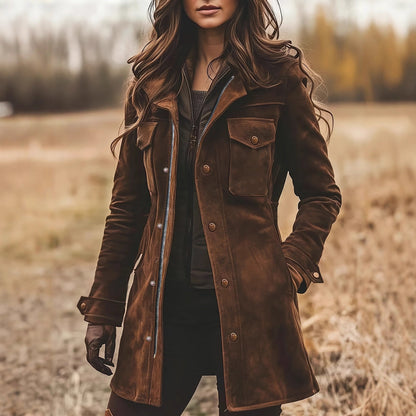 Women's Retro Lapels Brown Suede Casual Jacket