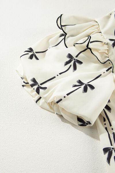 Bow Print Tie Neck Short Sleeve Blouse for Women