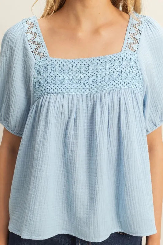 HYFVE Crochet Detail Puff Sleeve Peasant Top