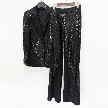 Sparkling Sequin Lace Blazer & Wide-Leg Pants Suit Set