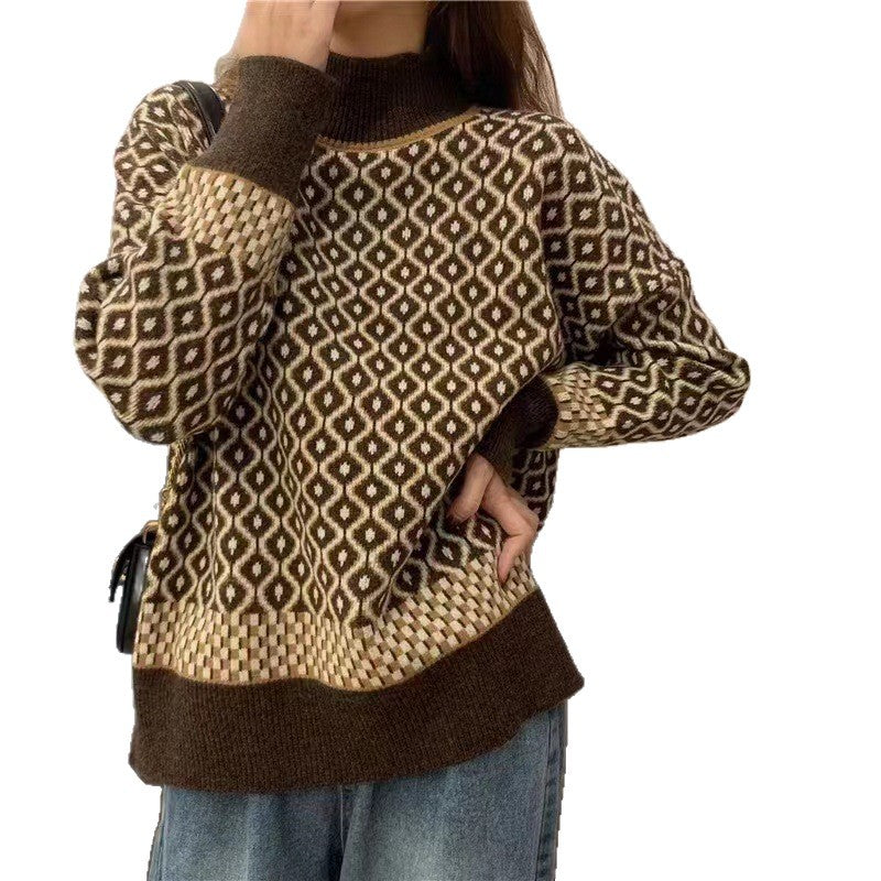 Womens Retro Chic Contrast-Knit Sweater
