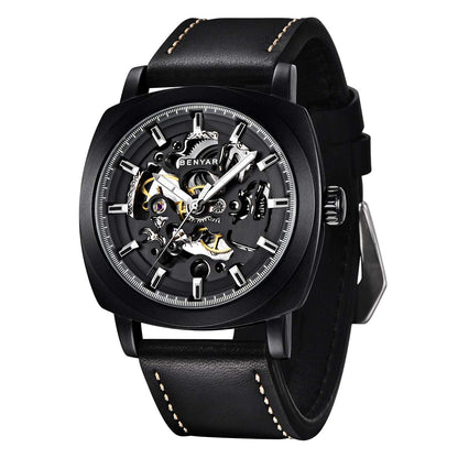 Benyar Automatic Watches for Men | Skeleton Mechanical Leather Strap Mens Watch | 45mm Dial | 30M Waterproof | Mens Stylish Gift
