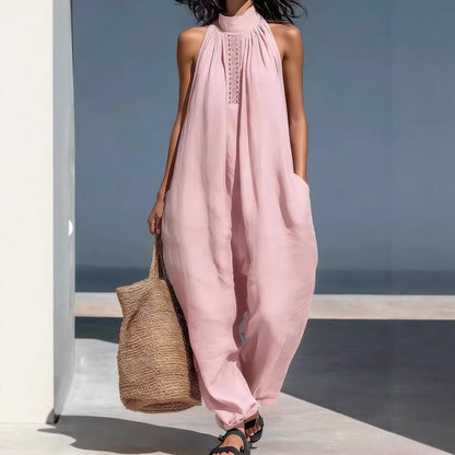 Women's Solid Color Stand-up Collar Sleeveless Casual Loose Jumpsuit