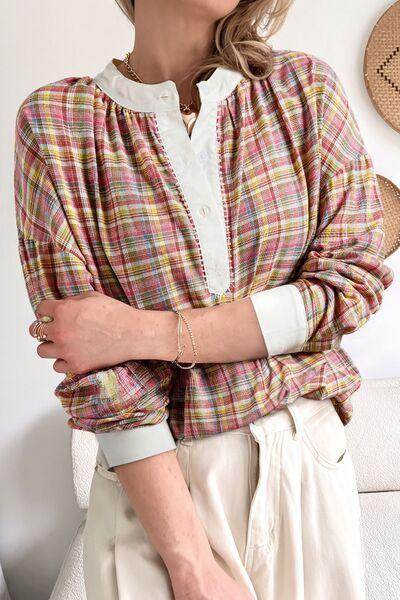 Multi-Color Plaid Round Neck Long Sleeve Blouse for Women