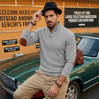 Men's Stand Collar Textured Jacquard Sleeve Patch Sweatshirt, American-Style Plus Size Casual Sports Polo Shirt For Export