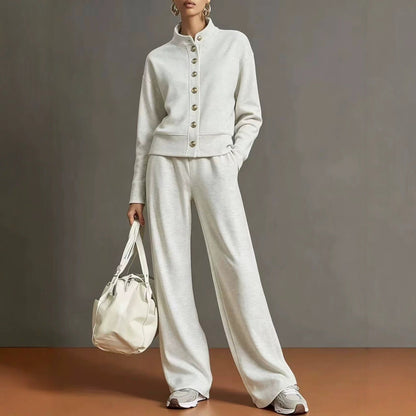 Stand-collar Cardigan And Wide-leg Pants Set