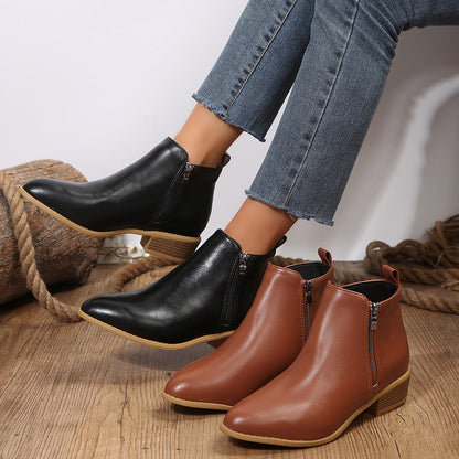 Womens Side-zip Martin-style Short Chunky-heel Boots