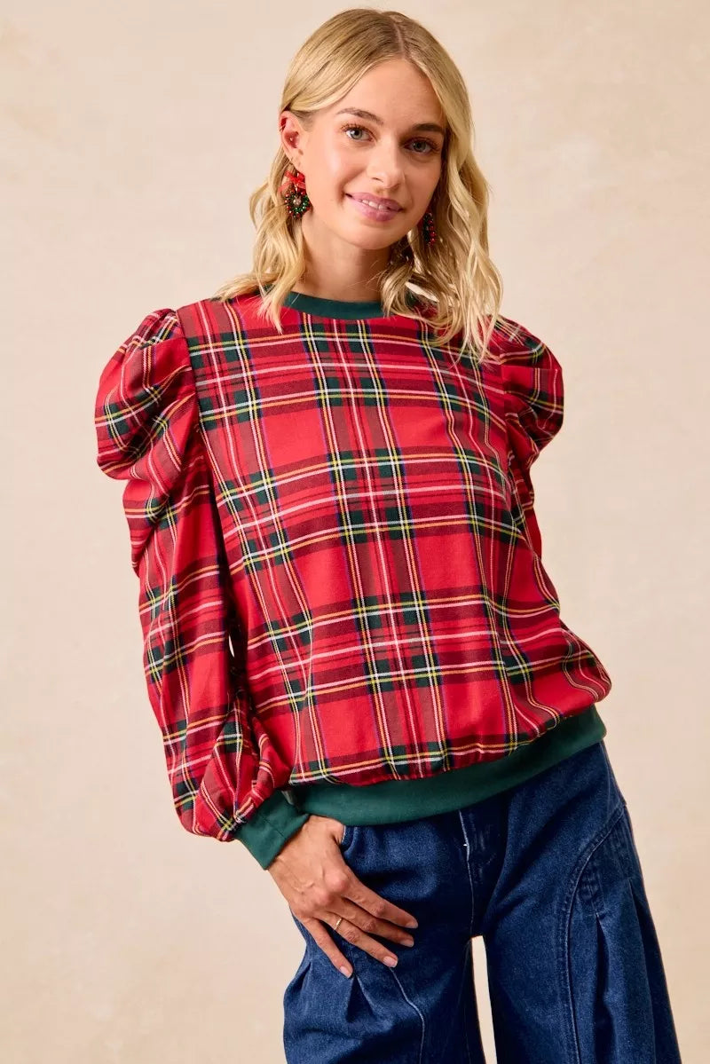 BiBi Christmas Plaid Exaggerated Shoulder Sleeves Top