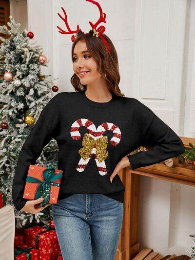 Sequin Candy Cane Round Neck Long Sleeve Sweater for Women