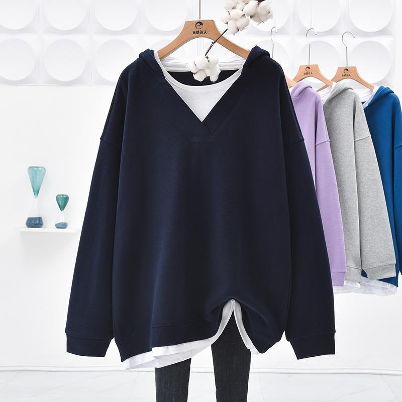 V-neck Faux Two-piece Mid-length Hooded Sweatshirt With Tummy-covering Design