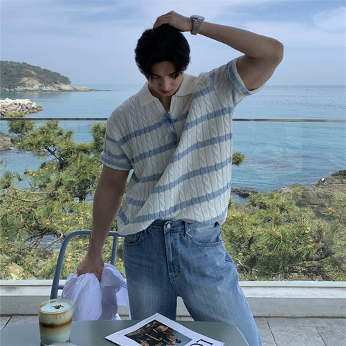 Lightweight Y-shaped Lapel Vertical Striped Sweater