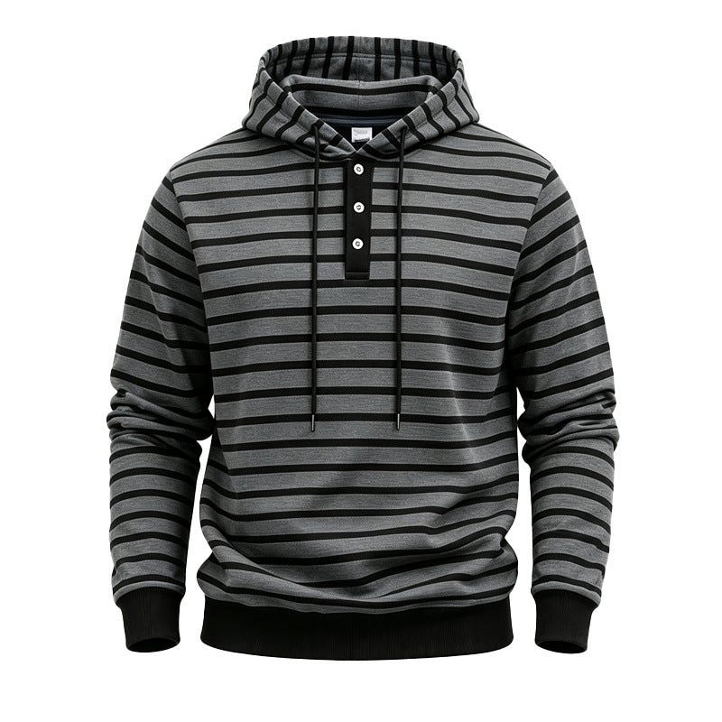 Mens Loose-Fit Striped Hoodie With Three Buttons