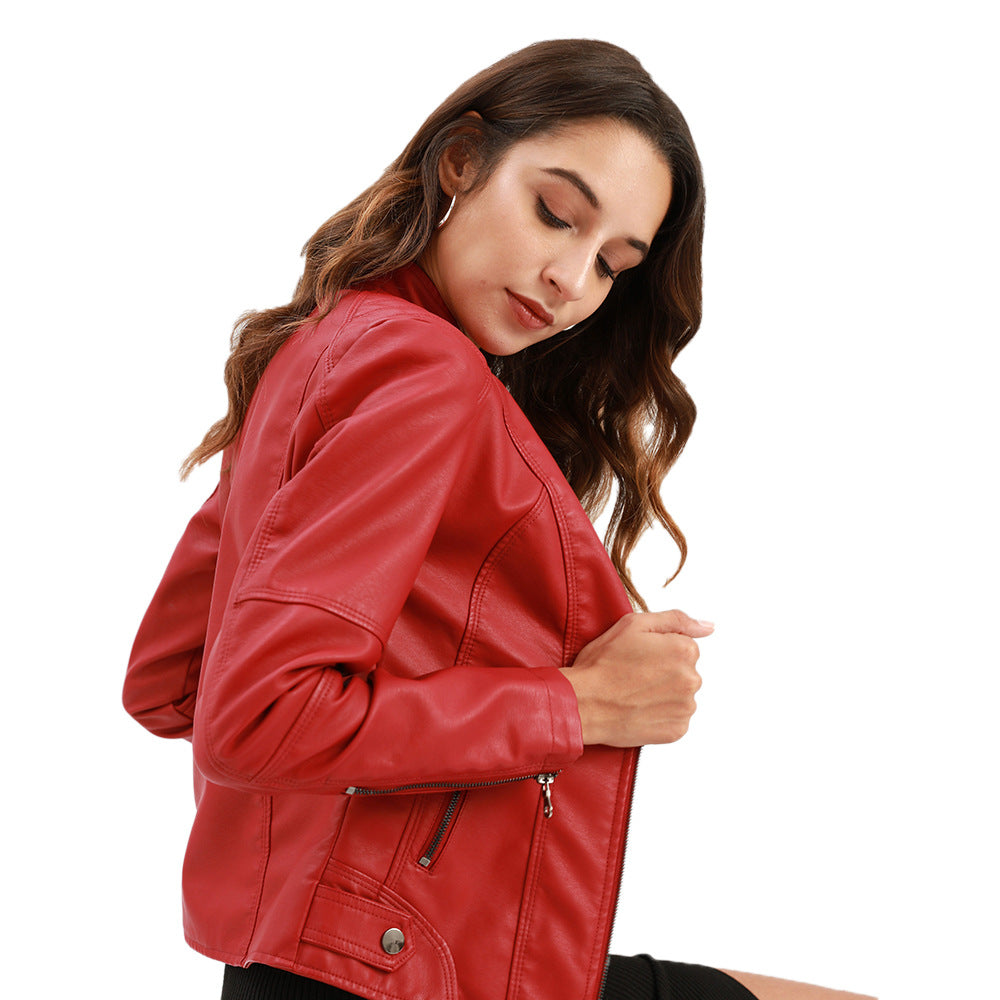 Women's Zip-up Leather Jackets Fashion Solid Color Pockets Stand Collar Top Outwear Clothing