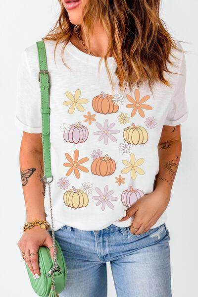 Pumpkin & Flower Round Neck Short Sleeve T-Shirt for Women