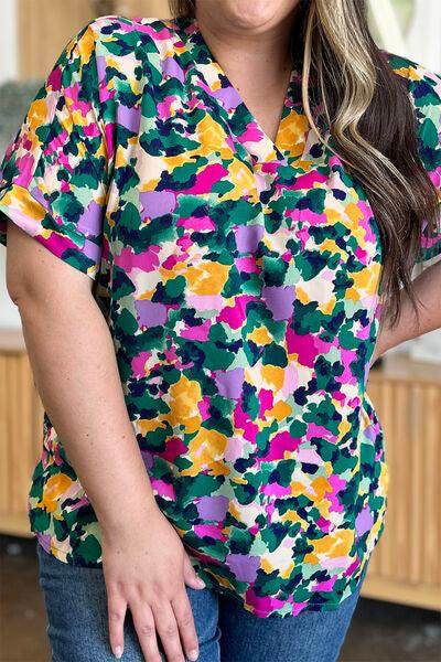 Double Take Full Size Printed V-Neck Short Sleeve Top