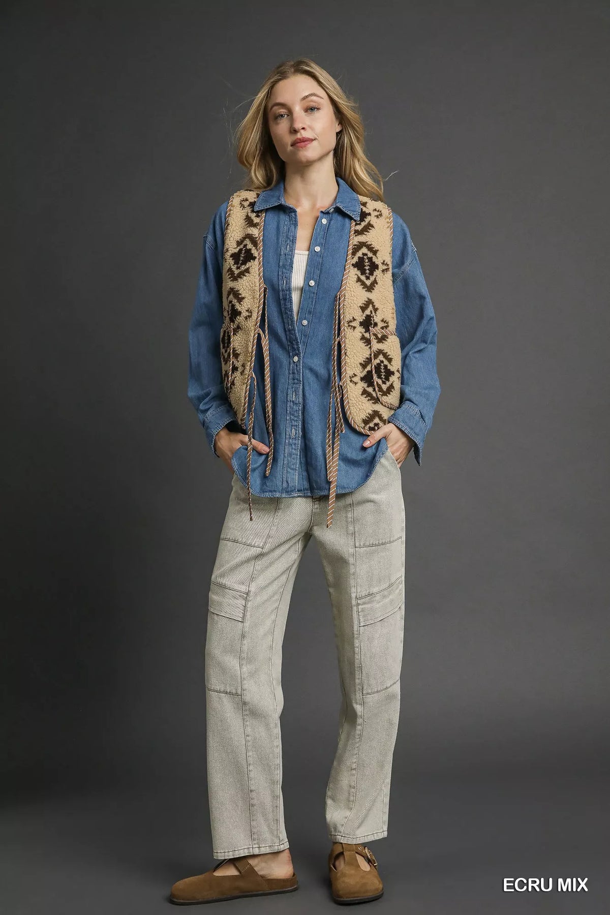Umgee Mix Patterned Sherpa Tie-Front Vest