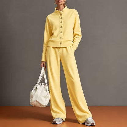 Stand-collar Cardigan And Wide-leg Pants Set