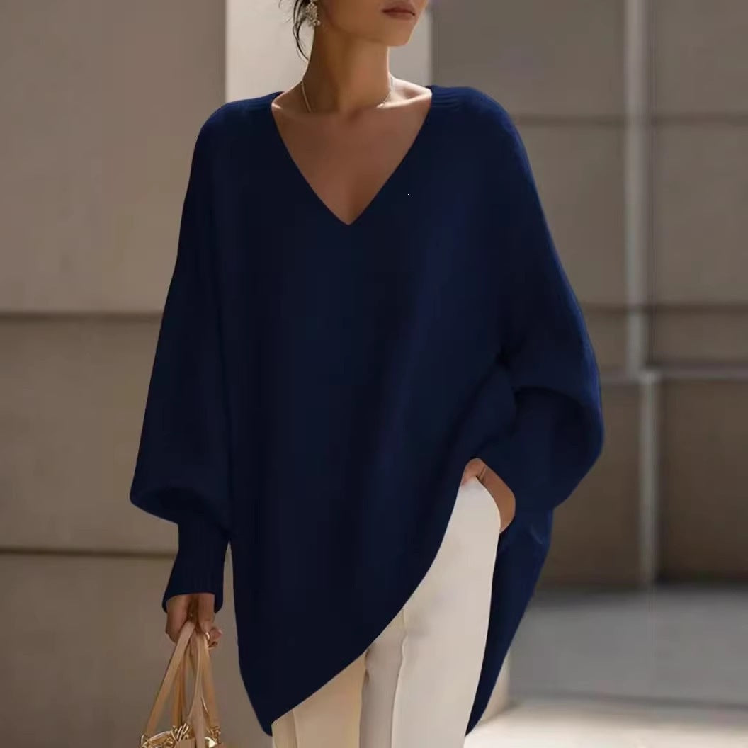 Women's V Neck Oversized Knit Sweater, Long Sleeve Solid Color Lazy Style Loose Asymmetric Hem Pullover Top For Spring Daily Wear
