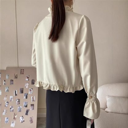 Long-sleeve Double-breasted Loose-fitting Versatile Top With Ruffled Hem