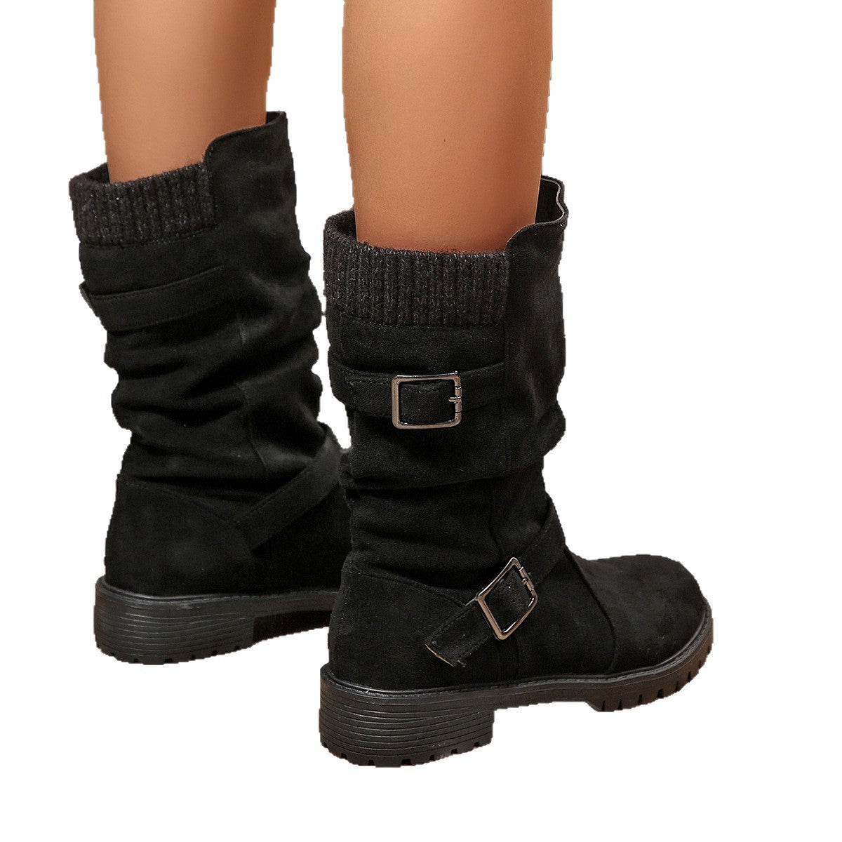 Cuffed Pleated Knit Ankle Boots With A Round Toe And Square Heel For Women