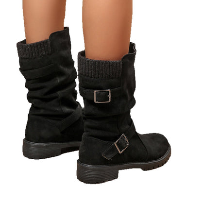 Cuffed Pleated Knit Ankle Boots With A Round Toe And Square Heel For Women
