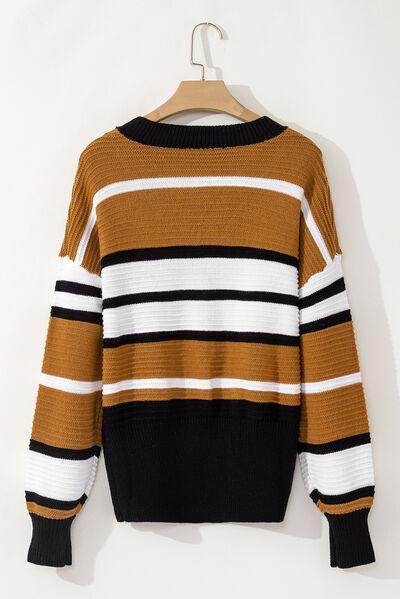 Contrast Stripes V Neck Long Sleeve Sweater for Women