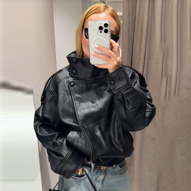 Retro Biker-Style Leather Jacket With Stand Collar Coats