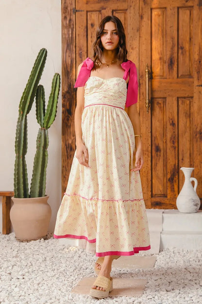 SO ME Ribbon Flowy Maxi Dress with Contrast Trim