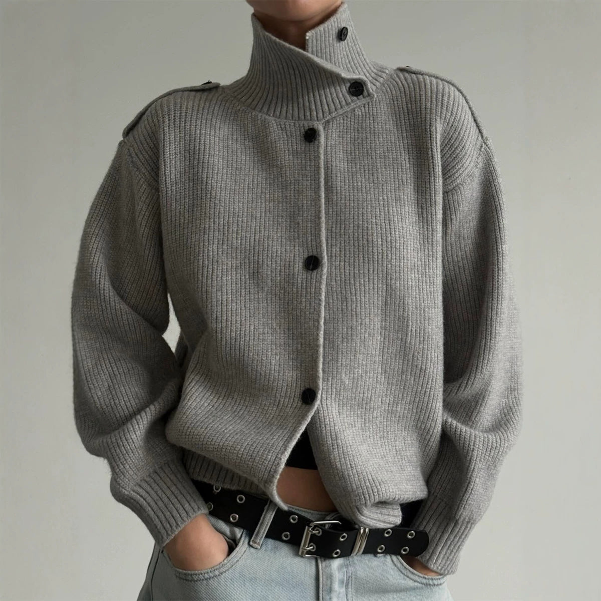 Women's Fashionable Casual Ribbed Mock-Neck Knitted Sweater With Buttons