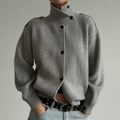 Women's Fashionable Casual Ribbed Mock-Neck Knitted Sweater With Buttons