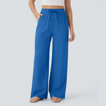 2026 High-Waisted Drawstring Side Pocket Casual Style Linen Flowy Elastic Beach Wide-Leg Pants Women's Cloud Cotton Casual Pants