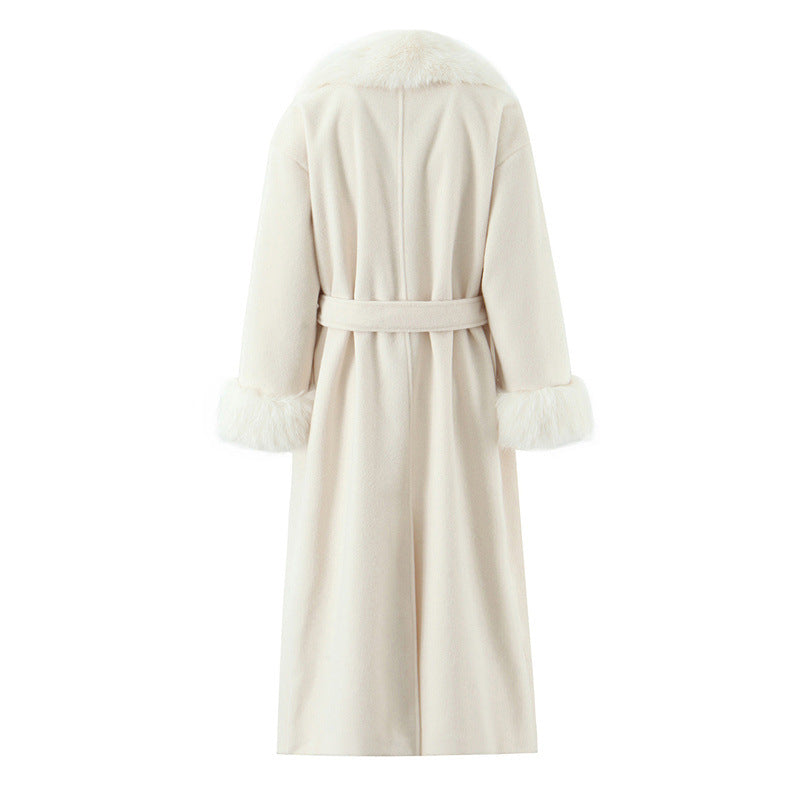 Women's Clothing Big Fur Collar Belt White Woolen Long-cut Coat
