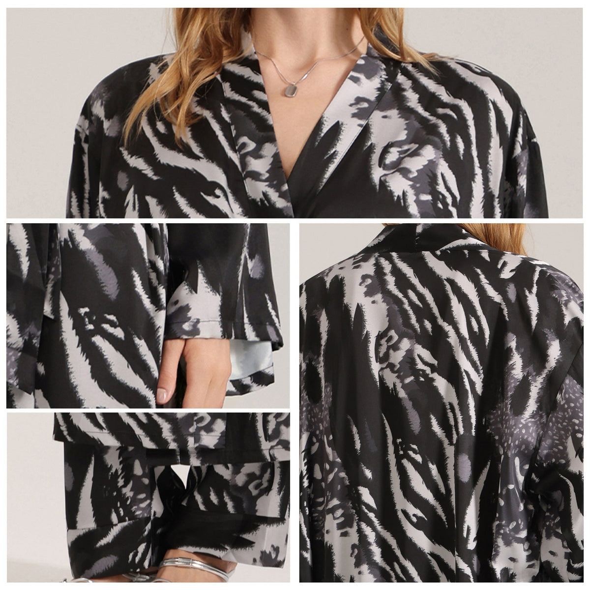 Leopard Print Satin Pajamas For Women Single Robe Style Nightgown Loungewear