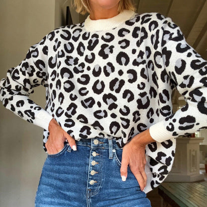 Womens Winter Clothing Round-Neck Jacquard Knit Loose-Fit Sweatshirt With Animal Print