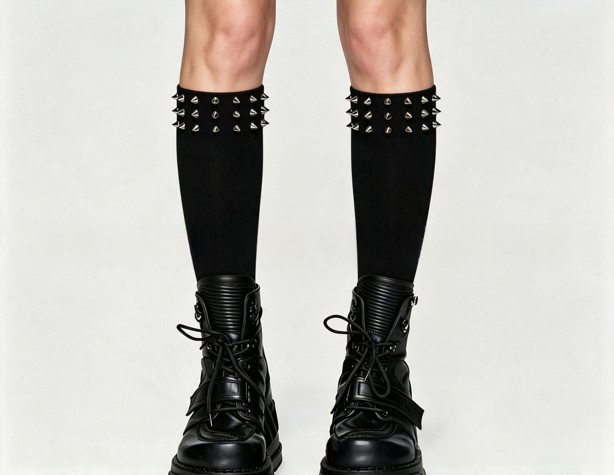 Stretchy Black Over-the-knee Boot With Spiked And Studded Trim