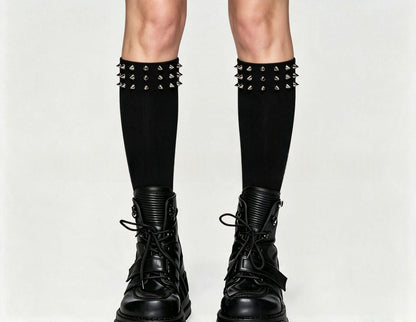 Stretchy Black Over-the-knee Boot With Spiked And Studded Trim