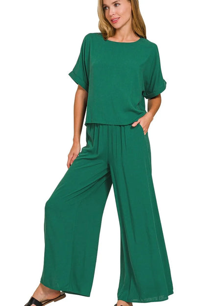 Zenana Round Neck T-Shirt and Wide Leg Pants Set
