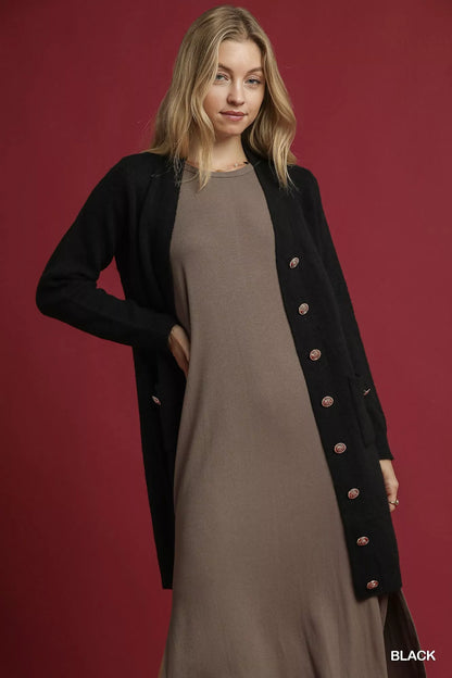Umgee Button-Down Longline Sweater Cardigan with Front Pockets