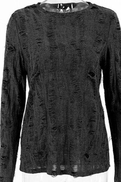 Distressed Round Neck Long Sleeve Blouse for Women Stylish