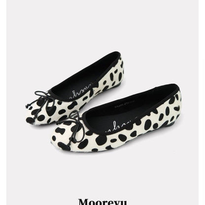 Women Spring Autumn Elevated 3cm Vintage Horsehair Leopard Polka Dot Classic Round Toe Bow Low Cut Pumps